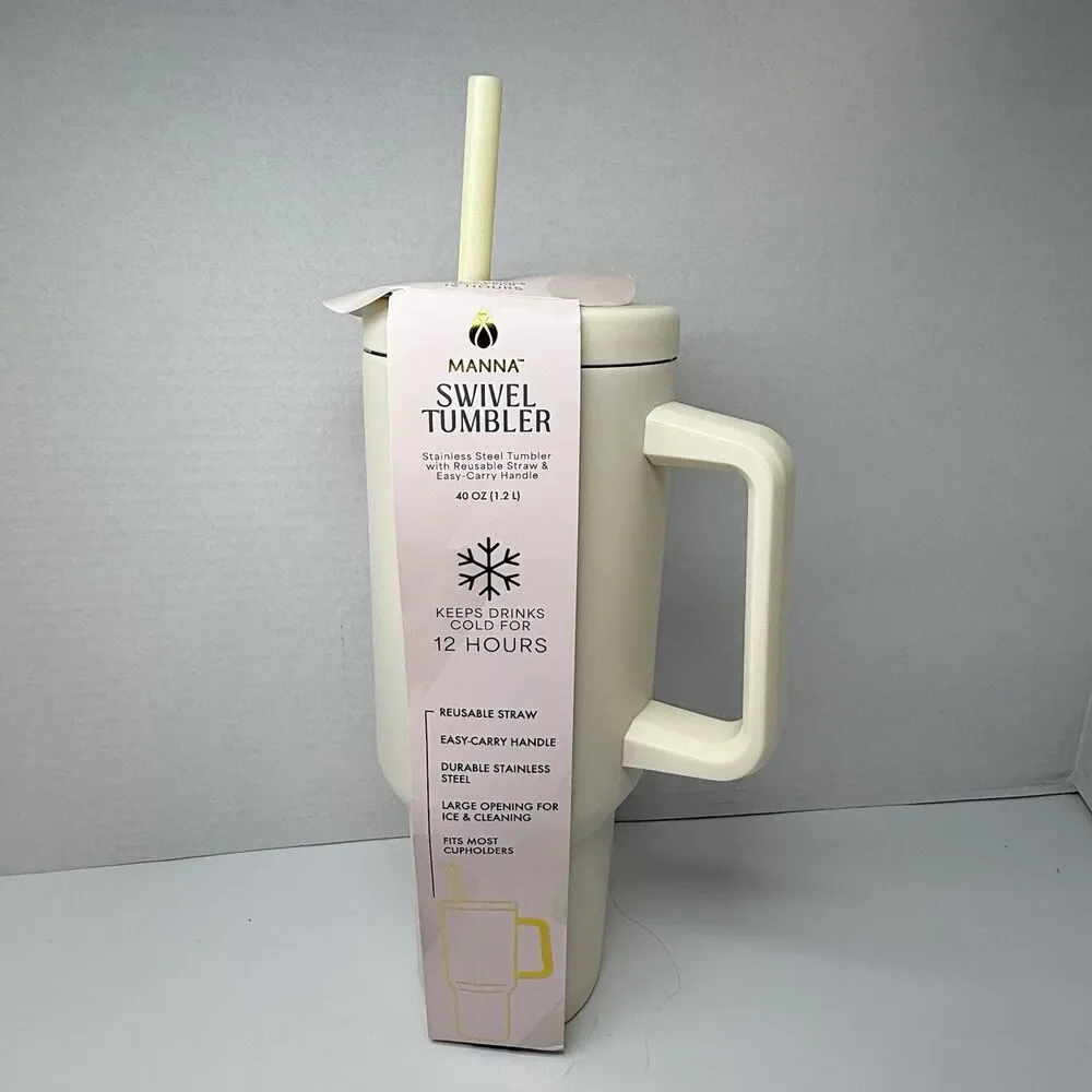MANNA Easy Carry Handle Stainless Steel Tumbler Vanilla 40 Oz Reusable Straw New